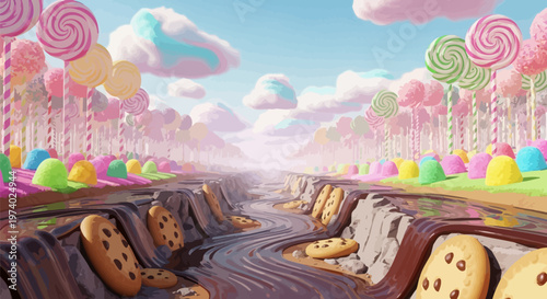Whimsical candy landscape with cookies road and colorful sweets under blue sky with fluffy clouds