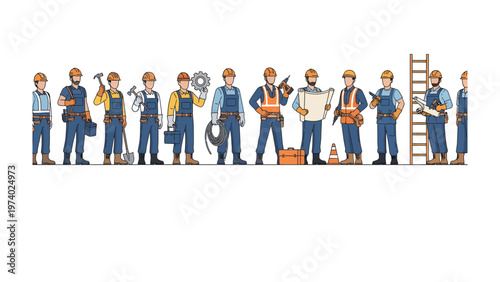 Builders Team: A united team of builders standing in a row, all of them prepared for their projects. They all equipped with construction tools and equipment ready to work. 