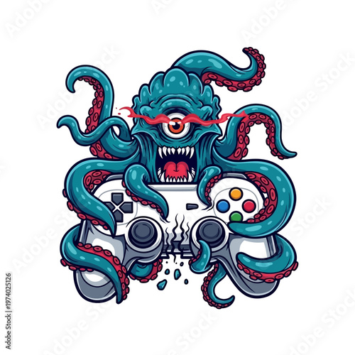 Tentacled monster destroying video game controller octopus creature gaming console accessory