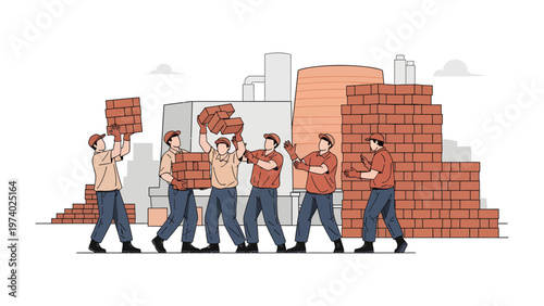 Construction Teamwork: A group of construction workers, united in purpose, cooperatively maneuver bricks in a harmonious display of teamwork.