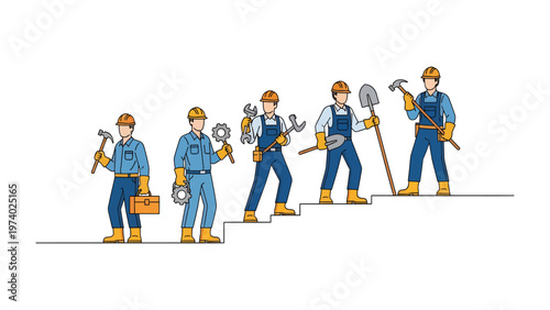Construction Crew in Ascend: A line of builders, each holding a different tool, ascend a minimalist staircase. Their determination and skill are highlighted.