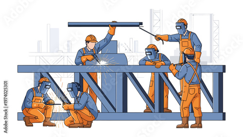 Engineers at Work: A collaborative crew of skilled engineers meticulously construct an industrial frame, showcasing expertise, precision, and dedication.