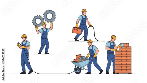 Building Construction Process: Depicts several construction workers, each engaged in a specific task, symbolizing the step-by-step process of erecting a brick structure. 