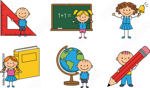 School Education Cartoon Illustration Set Featuring Kids with Blackboard, Globe, Pencil, Book, and Geometry Tools for Learning and Classroom Design Collection