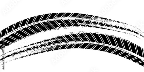 Grunge tire track, wheel braking marks. Truck, car or motorcycle tread pattern silhouette. Auto race, motorsport, speed racing design element.