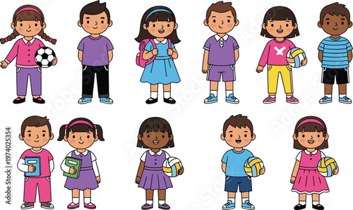 Diverse School Kids Cartoon Character Set Featuring Children with Sports Equipment, Books, and Casual Outfits for Education, Activity, and Back to School Design