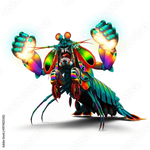 Vibrant colorful cockroach with glowing fists and sharp teeth standing aggressively on white background