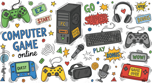 Computer Gaming Doodle Illustration Set Featuring PC, Controllers, Keyboard, Headphones, VR Headset, Microphone, and Handheld Consoles with Fun Comic Style Elements