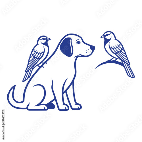 Dog sitting with birds on back and on branch looking at each other  friendly pets icon
