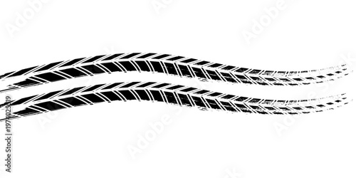 Grunge tire track, wheel braking marks. Truck, car or motorcycle tread pattern silhouette. Auto race, motorsport, speed racing design element.