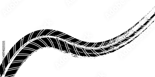 Grunge tire track, wheel braking marks. Truck, car or motorcycle tread pattern silhouette. Auto race, motorsport, speed racing design element.