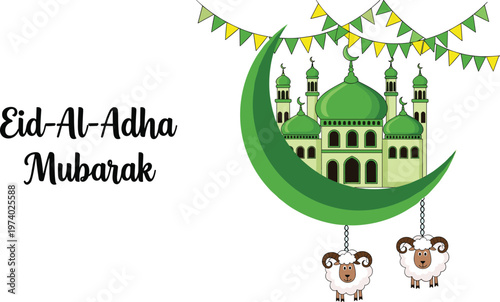 Eid al Adha Mubarak Islamic Illustration Featuring Mosque Inside Crescent Moon, Hanging Sheep Ornaments, and Festive Bunting for Religious Celebration Greeting Design