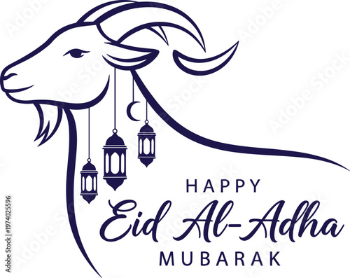 Happy Eid al Adha Mubarak Minimal Line Art Illustration Featuring Goat Head, Hanging Lanterns, and Elegant Islamic Typography for Festival Greeting Design