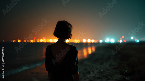 A woman stands on a beach at night, gazing at the distant city lights reflected on the water. The scene evokes a sense of solitude and contemplation