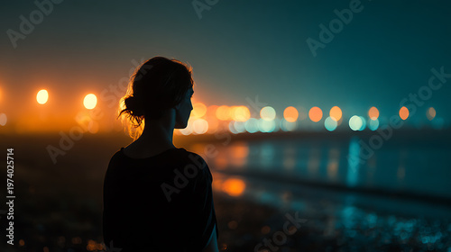 A silhouette of a woman looking out at a blurred city skyline at night, with warm lights reflecting on the water