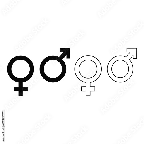Female and male gender symbols in black and white line art icon