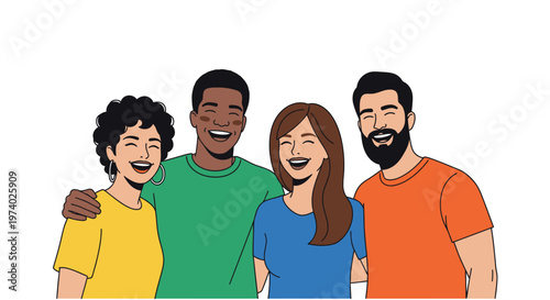 Diverse group of four friends smiling together in colorful casual clothing indoors.