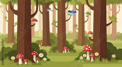 Whimsical forest scene with vibrant mushrooms lush greenery and birds in a sunlit woodland environment