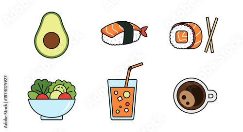 Illustration of food items including sushi salad avocado and drinks on a table setting