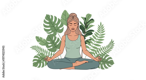 Woman practices yoga meditation surrounded by lush green tropical leaves and plants indoors.