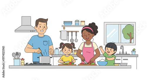Family cooking together in a modern kitchen with children helping parents prepare a meal.