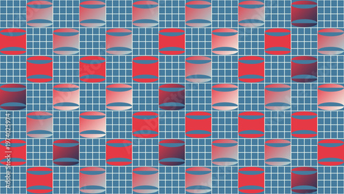 Geometric Pattern: A captivating grid of abstract cylindrical shapes in varying shades of red and blue, creating a mesmerizing visual display. 