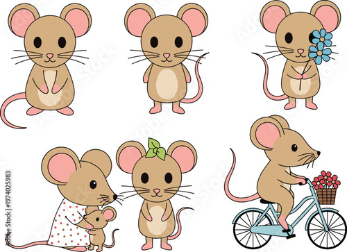Cute Brown Mouse Cartoon Character Set Featuring Adorable Rodent in Different Poses, Floral Accessories, Family Scene, and Bicycle Ride Illustration Collection