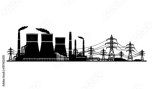 Industrial power plant and transmission towers silhouette detailed modern energy infrastructure vector illustration