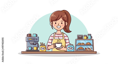 Woman enjoys coffee and pastries at a cozy cafe counter with a warm atmosphere.