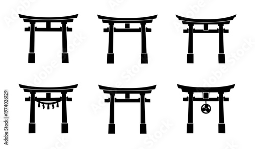 Torii gate icon vector set black silhouette Japanese Shinto shrine symbols simple collection