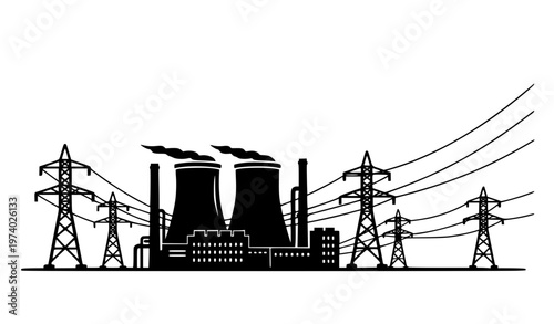 Modern industrial power plant silhouette with transmission towers energy concept clean vector illustration