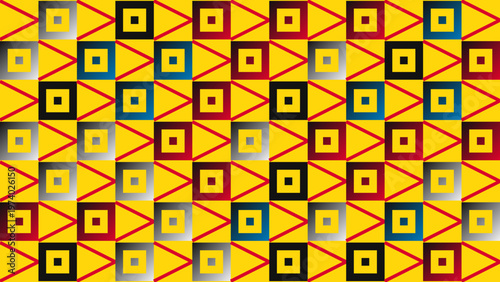 Geometric Pattern of Squares and Triangles: A vibrant and intricate design featuring a grid of squares and connected triangles in a repeating pattern, creating a visually stimulating composition. 