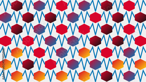 Vibrant Hexagon Design: A visually stimulating and modern graphic showcasing a repeating pattern of colorful hexagons and geometric zigzag lines. 