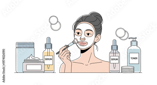 Woman applies face mask and skincare products in bathroom with various beauty items.