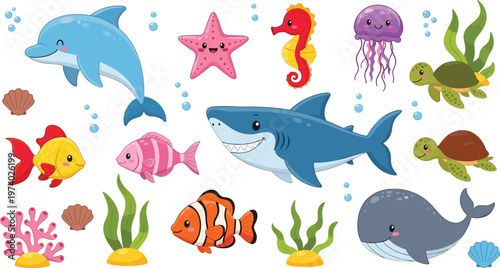 Cute Underwater Sea Animals Illustration Set Featuring Dolphin Shark Whale Turtle Fish Seahorse Jellyfish and Coral Ocean Collection