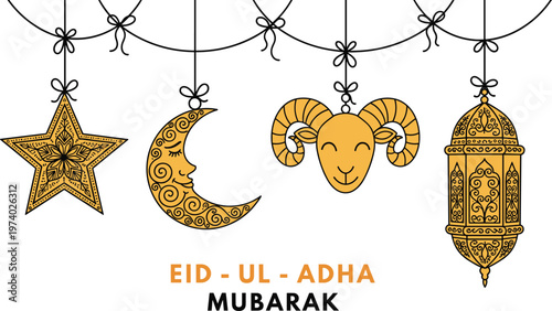 Eid Ul Adha Mubarak Islamic Hanging Decorations Illustration Featuring Crescent Moon Star Lantern and Ram Head Traditional Festival Design