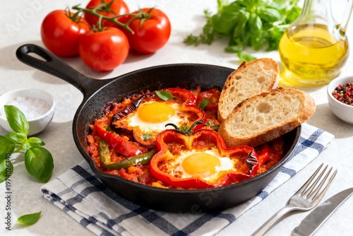 Delicious Shakshuka with Eggs in a Skillet, Fresh Tomatoes and Bread
