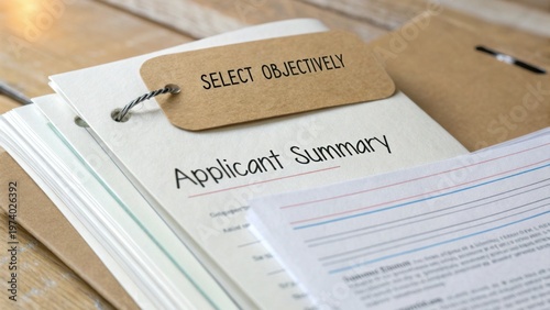 Applicant Summary Document with Select Objectively Tag on Wooden Table for Job Application Process