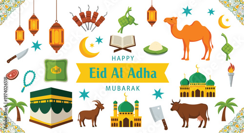 Eid Al Adha Mubarak Islamic Icon Set Featuring Kaaba Mosque Lantern Camel Cow Goat and Traditional Festival Elements Collection