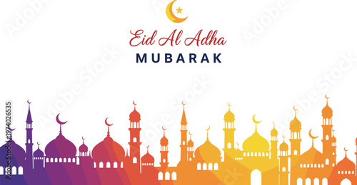Colorful Eid Al Adha Mubarak Islamic Greeting Illustration with Gradient Mosque Skyline Crescent Moon and Festive Cultural Celebration Design