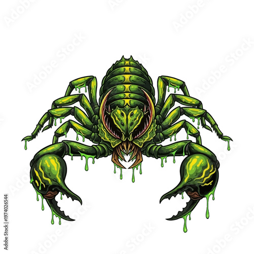 Green toxic scorpion dripping slime isolated on white background