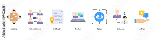 Team Collaboration web banner icon vector illustration featuring Meeting, Teleconference, Certificate, Teacher, Focus, Exchange, and Advice for workplace productivity.