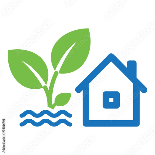 Green plant growing near blue house with wavy lines  eco friendly home icon