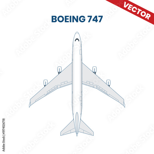 Boeing 747 Jumbo Jet Airplane Vector Illustration Top View Plan Blueprint Iconic Commercial Aircraft Aviation Design Element for Infographic Travel Industry Transport Graphic Silhouette Isolated