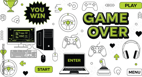 Gaming Interface Doodle Illustration Set Featuring Game Over Text, Computer Setup, Controllers, Headphones, and UI Elements for Esports and Digital Entertainment Design