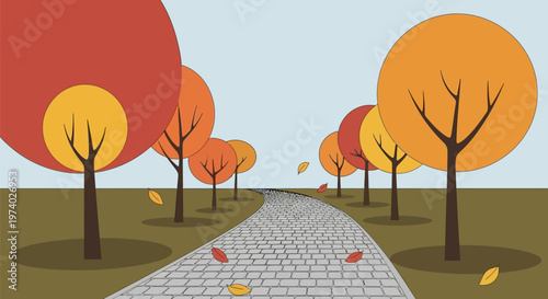 Autumn road with vibrant orange and yellow trees fallen leaves on a gray cobblestone path serene landscape with colorful foliage
