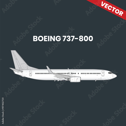 Boeing 737-800 Commercial Airplane Vector Illustration on Dark Background, Passenger Jet Side View, Modern Narrow-Body Aircraft, Aviation Design Element, Airline Transport Graphic, Digital Art