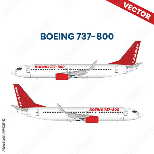 Boeing 737-800 Passenger Plane Vector Illustration Red Livery Side View Profile for International Airline Branding and Commercial Aviation Logistics Design Projects Isolated