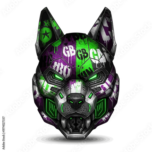 cyberpunk dog head robot green purple graffiti illustration