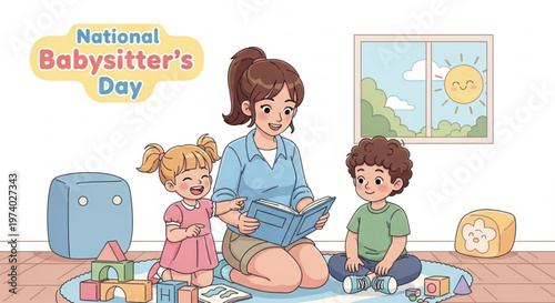 Babysitter reading to children on national babysitter's day in a playroom with toys and a sunny window
